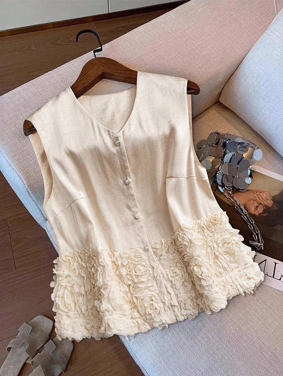 Flirla 大码女式时尚纽扣蕾丝拼接提花优雅圆领无袖上衣奶油色衬衫女士优雅衬衫无袖衬衫女士夏季上衣花瓣衬衫