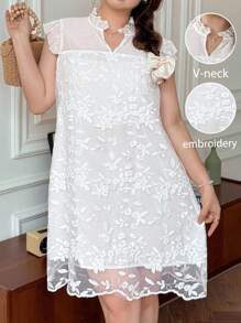 SHEIN LUNE 大码女式白色荷叶边袖不对称下摆连衣裙秋季婚礼宾客连衣裙商务休闲女士工作服商务连衣裙 - 白色 - 查看 5