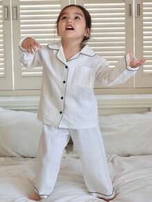 DAZY 2 Stück Baby Mädchen Einfarbig Kontrast Saum Lässig Koreanischer Stil Hausanzug Set Herbst,Winter