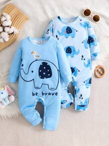SHEIN Persoplay Kids 2pcs Toddler Infant Baby Boys Cute Elephant Print Round Neck Open Shoulder Long Sleeve Jumpsuit & Pants Set, Children Clothing, Baby Outfit, Suitable For Casual, Party, Sports Wear In Autumn/Winter