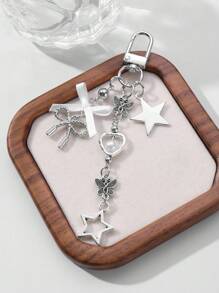 ROMWE Kawaii 1pc Y2K Minimalist High-End Silver Butterfly Faux Pearl Hollow Heart Star Woven Bow DIY Keychain Bag Charm, Suitable For Women/Girls Daily Wear, Holiday Gift - Silver - View 6