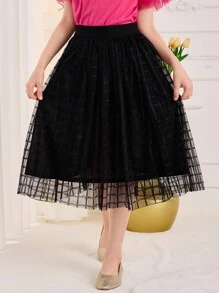 SHEIN Young Girl Elegant High Waist Plaid Mesh Midi Skirt With Lining, Perfect For Vacation - Black - View 8