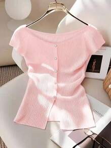 Regalyn Große Größen süßes und warmes rosa Kurzarm T-Shirt mit Knöpfen vorne und Rippstrick