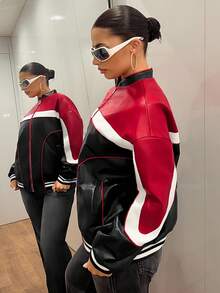 SHEIN ICON 女士撞色落肩长袖拉链前口袋PU皮革宽松夹克红黑夹克拼色夹克女式校园夹克女秋冬 - 彩色 - 查看 5