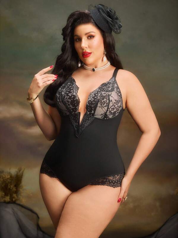 PinupGlam Casual-Comfy Sleek Sleeveless Shapewear Bodysuit In Black With Lace Details And Short Length  ElegantLace ChicAutumn