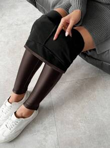 SHEIN Clasi Women's Faux Leather Thermal Lined Skinny Basic Leggings, Autumn/Winter Fall Cloth For Women - Brown - View 3