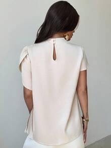 Firerie 女士优雅端庄精致浪漫通勤日常度假褶皱不对称短袖府绸修身衬衫，夏季 - 杏色 - 查看 2