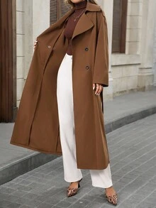 SHEIN LUNE 女士纯色翻领长袖双排扣休闲宽松风衣，秋冬外出外套 - 摩卡棕 - 查看 4