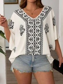 EMERY ROSE Chemise décontractée à manches chauve-souris avec imprimé vintage, grande taille