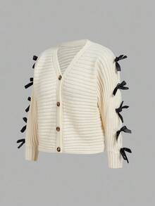 SHEIN MOD Cardigan élégant de couleur unie avec manches ajourées et nœud papillon pour l'automne/l'hiver - Nude - Voir 6
