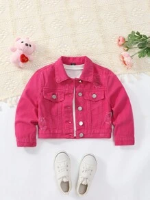 Young Girl's Distressed Button Front Flip Detail Denim Jacket - Hot Pink - View 5