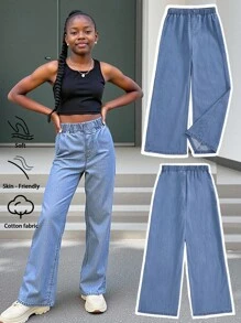 适合秋季的青少年女孩轻薄牛仔裤，时尚简约风格，直筒宽松版型，适合学院风，柔软天丝舒适，百搭休闲度假时尚简约日常穿着，水洗柔软薄天丝无弹力宽松牛仔裤 - 中等水洗藍 - 查看 1