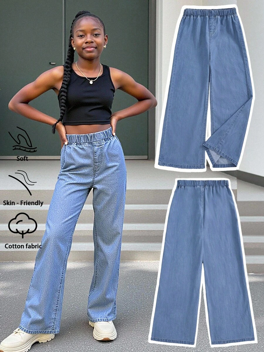 适合秋季的青少年女孩轻薄牛仔裤，时尚简约风格，直筒宽松版型，适合学院风，柔软天丝舒适，百搭休闲度假时尚简约日常穿着，水洗柔软薄天丝无弹力宽松牛仔裤 - 中等水洗藍 - 查看 1