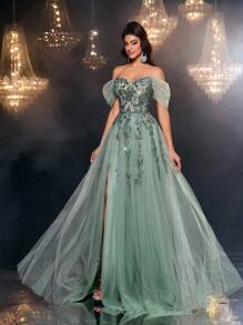 Glamrae 优雅奢华 3D 刺绣蕾丝露肩性感高开衩拖尾长裙，适合婚礼、活动、派对、度假、庆典、正式场合（重刺绣） - 灰藍色 - 查看 8