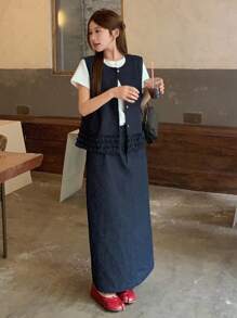 DAZY 女士休闲韩版蝴蝶结吊带背心和宽松牛仔裙两件套 - 藍色 - 查看 4