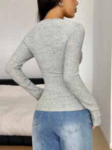 Zielony 女士休闲针织V领蕾丝拼布纽扣装饰长袖秋冬上衣