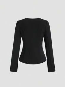 Sweetra French Minimalist Basic Metal Button Long Sleeve Women Regular Jacket Fall Winter Cloth For Women - Black - View 2