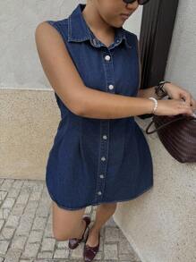 Dripcurv Plus Size Summer Casual Front Button Sleeveless Denim Dress, Spring/Autumn,Only Cute Summer Holiday Elegant Vacation Romantic Curve Farmhouse