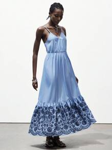 Lumivelle Women's Casual Vacation Floral Embroidery Ruffle Hem Long Strap Dress, Summer Summer Dress Clothes For University - Blue - View 5