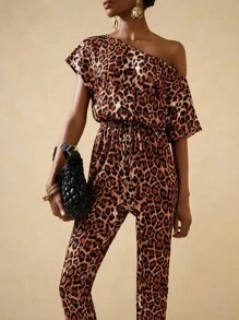 Lyxana Women's Fashionable Leopard Print Asymmetric Shoulder Jumpsuit, Summer - Multicolor - View 1