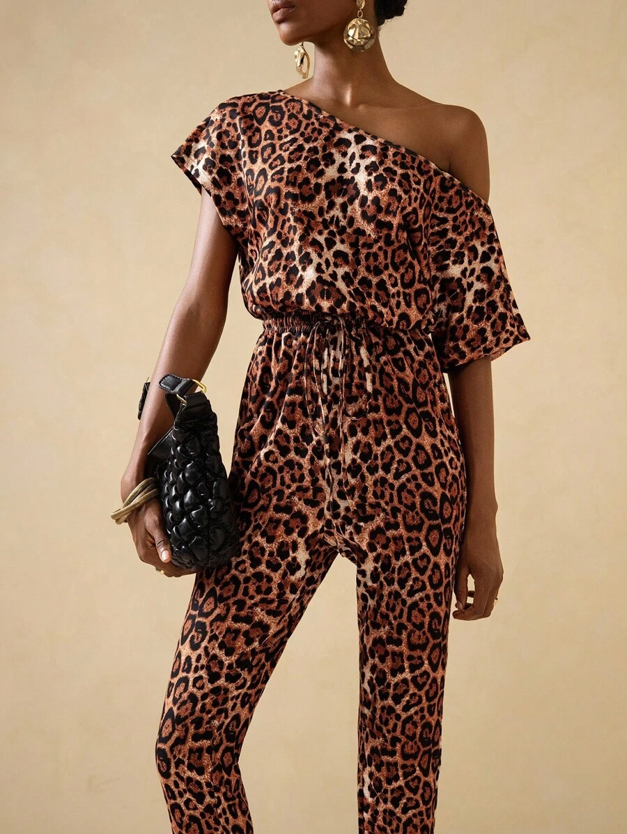 Lyxana Women's Fashionable Leopard Print Asymmetric Shoulder Jumpsuit, Summer - Multicolor - View 1