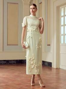 ZEYLAH 女式纯色立领短袖优雅花卉拼布中长连衣裙 - 杏色 - 查看 5