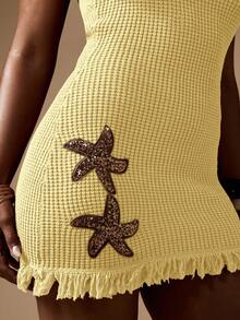 MISSGUIDED Gestricktes Mini-Kleid mit Trägerhals, Sommer Strand Seestern Verzierung, Fransen Saum, Resort Urlaub Kreuzfahrt Strandmode Party Kleid - Gelb - Übersicht 6