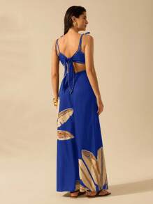 CAJUNI 女式波西米亚风香蕉树印花镂空腰后绑带无袖黑色连衣裙，假日休闲夏装 - 寶藍色 - 查看 2