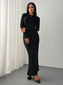 EURMUSE Women Rib Knit Textured Midi Bodycon Sweater Dress Knit,Petite - Black - View 4