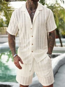 Manfinity RSRT Set 2 bucăți/set bărbați, cămașă și pantaloni scurți cu nasturi în culoare solidă, ținută casual pentru soț, culoare solidă, potrivită pentru vacanță, plajă la mare, timp liber zilnic, ținute de vară, ținute de vacanță pentru bărbați, ținute bărbătești de vară, 2 piese