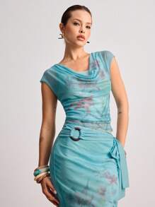 ROMWE Avant Y2K Vintage Floral Print Mesh Overlay Sequin Beaded Solid Color Camisole Two Pieces Set - Baby Blue - View 8