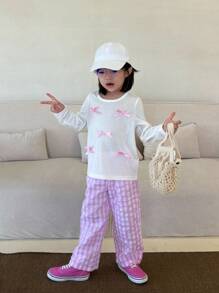SHEIN Conjunto de camiseta de manga larga de cuello redondo simple y de moda con pantalones casuales y versátiles para niñas en otoño, adecuado para el ocio en casa, reuniones familiares o uso diario - Multicolor - Ver 2