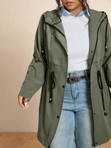 SHEIN LUNE 加大码军绿色斗篷/披风外套，休闲百搭女士冬季服装商务休闲女式风衣女士秋季服装冬装女士办公室服装橄榄绿时尚冬季秋季 - 軍綠色 - 查看 14