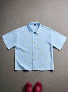 Manfinity Hypemode 男士夏季休闲提花短袖衬衫 - 藍色 - 查看 5