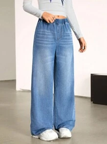 SHEIN Girl/Teen Girls' Full Elastic Waist Blue Denim Jeans