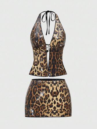 Grunge Punk Conjunto de moda de fiesta de playa de verano con estilo punk rock, atuendo de evento musical de festival, moda callejera del milenio Y2K, top halter sexy con leopardo y lentejuelas, colgante cruzado para mujer