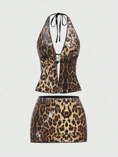 Grunge Punk Tenue de fête de plage chic punk rock, tenue de mode de rue pour événement musical de festival, ensemble femme sexy Y2K Millennium avec pendentif croix à paillettes léopard, style Top-col