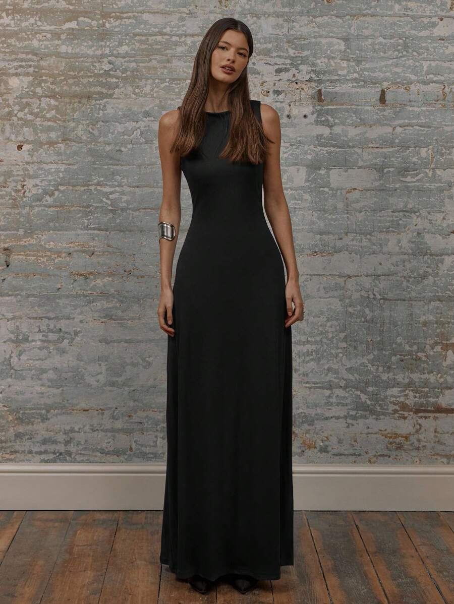 MUSERA 圆领露肩长款连衣裙，夏季女装，毕业季优雅可爱性感度假波西米亚风婚礼宾客海滩假日秋季夏季穿搭情人节 - 黑色 - 查看 1