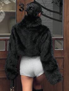 DAZY Women's Short PU Patchwork High Collar Faux Fur Jacket Women Coats - Black - View 7