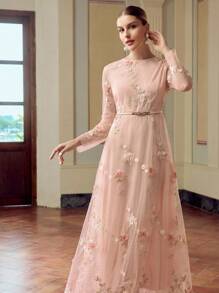 ZEYLAH 女士优雅刺绣 3D 花卉长袖连衣裙 - 淺粉色 - 查看 5