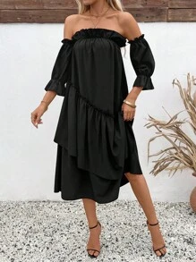 SHEIN LUNE Black Off Shoulder Elastic Ruffle Hem Casual Dress For Women - Black - View 6