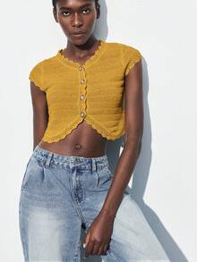 Maija Cárdigan de punto con botones delanteros y ribete de encaje amarillo mostaza, inspirado en el vintage, para otoño/invierno 2025, elegante para ir a la ciudad, fiestas, bodas como invitada - Amarillo - Ver 4