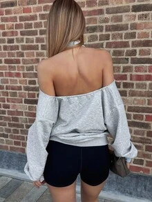 DAZY Sweatshirt Lengan Panjang Model Longgar Model Halter Neck untuk Wanita, Cocok untuk Sekolah. - Grey - View 3