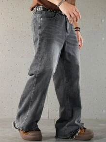 Manfinity Hypemode 男士休闲灰色简约牛仔裤 宽松牛仔裤 男士宽松牛仔裤 - 灰色 - 查看 1