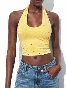 Maija Yellow Summer 70's Club Night Party Disco Rhinestone Decor Sleeveless Top,Women's U-Neck Open Shoulder Blouse For Music Festival,Christmas & Halloween - Yellow - View 7