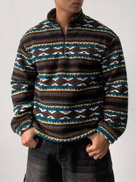 DAZY Men's Thermal-Lined Floral Pattern Sherpa Pullover Pullover Sweatshirt With Zipper, Autumn/Winter Quarter Zip Men