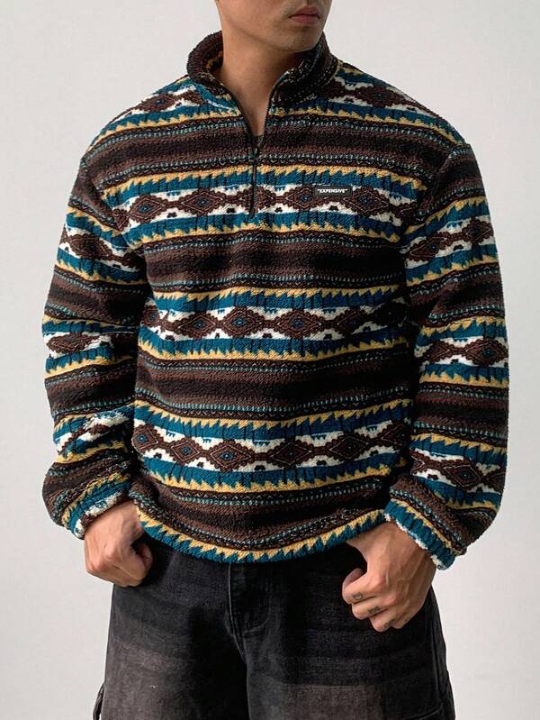 DAZY Herren Thermofutter Pullover mit Blumenmuster und Sherpa-Futter, Reißverschluss, Herbst/Winter