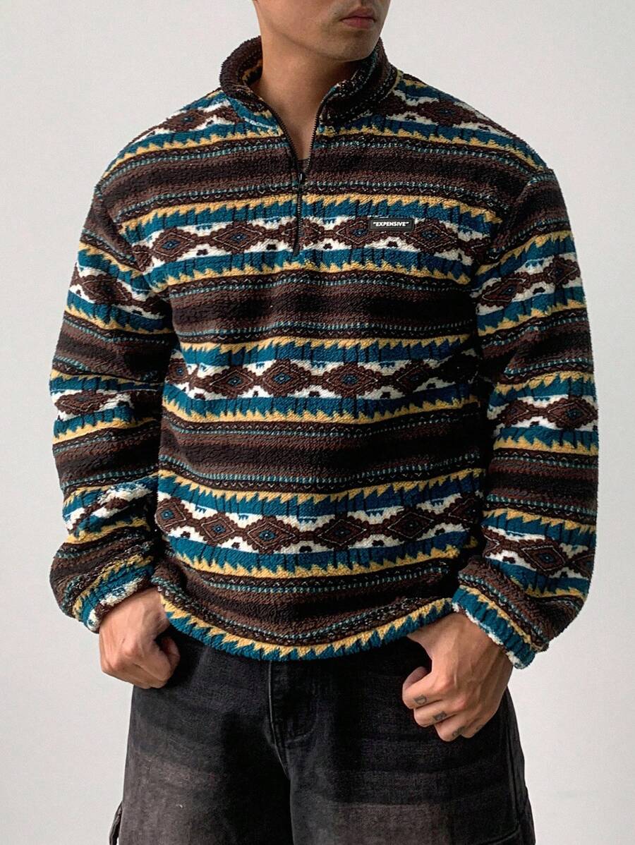 DAZY Men's Thermal-Lined Floral Pattern Sherpa Pullover Pullover Sweatshirt With Zipper, Autumn/Winter Quarter Zip Men - Multicolor - View 1