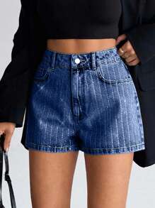 EURMUSE Women's Fashion Blue High Waist Rhinestone Mini Shorts, Summer - Medium Wash - View 4