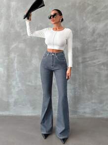 SHEIN Tall 98%Cotton Zip Front Skinny Flare Jeans TALL - Light Wash - View 4